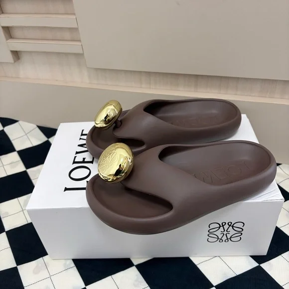 Loewe Chocolate Brown Slide Sandals with Gold Orb Detail - Picture 5 of 7